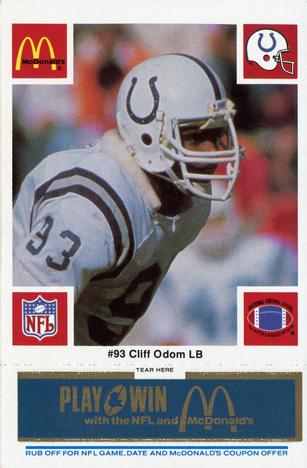1986 McDonald's Indianapolis Colts - Full Game Pieces - Week 1 Blue Tab #NNO Cliff Odom Front