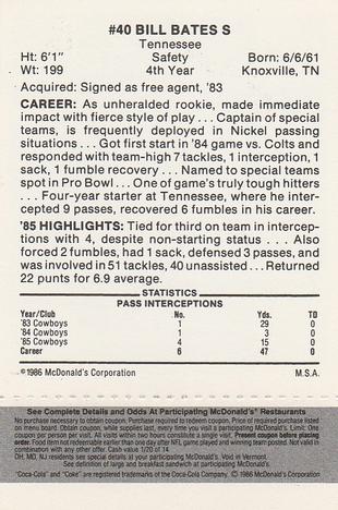 1986 McDonald's Dallas Cowboys - Full Game Pieces - Week 2 Black/Gray Tab #NNO Bill Bates Back