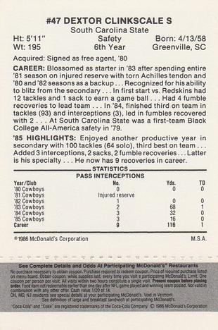 1986 McDonald's Dallas Cowboys - Full Game Pieces - Week 2 Black/Gray Tab #NNO Dextor Clinkscale Back