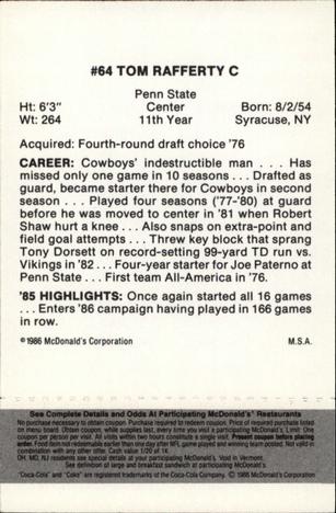 1986 McDonald's Dallas Cowboys - Full Game Pieces - Week 2 Black/Gray Tab #NNO Tom Rafferty Back