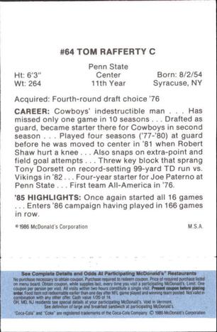 1986 McDonald's Dallas Cowboys - Full Game Pieces - Week 1 Blue Tab #NNO Tom Rafferty Back