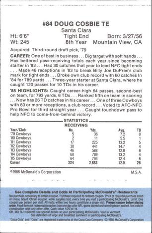 1986 McDonald's Dallas Cowboys - Full Game Pieces - Week 1 Blue Tab #NNO Doug Cosbie Back