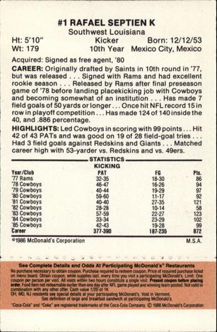 1986 McDonald's Dallas Cowboys - Full Game Pieces - Week 3 Gold/Orange Tab #NNO Rafael Septien Back