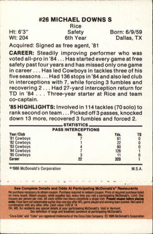 1986 McDonald's Dallas Cowboys - Full Game Pieces - Week 3 Gold/Orange Tab #NNO Michael Downs Back