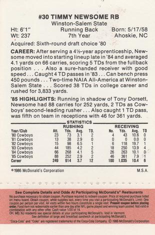 1986 McDonald's Dallas Cowboys - Full Game Pieces - Week 3 Gold/Orange Tab #NNO Timmy Newsome Back