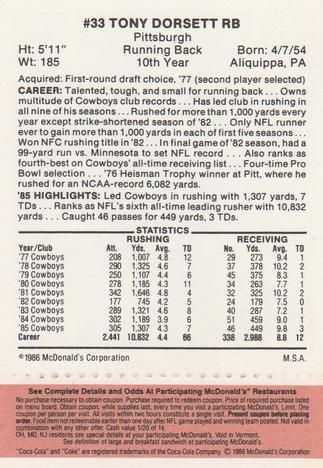 1986 McDonald's Dallas Cowboys - Full Game Pieces - Week 3 Gold/Orange Tab #NNO Tony Dorsett Back
