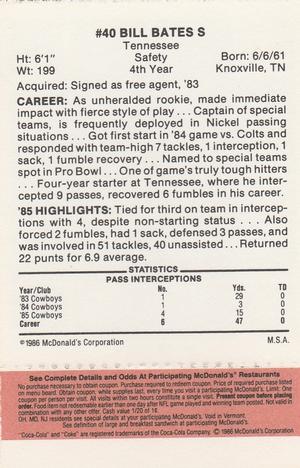 1986 McDonald's Dallas Cowboys - Full Game Pieces - Week 3 Gold/Orange Tab #NNO Bill Bates Back