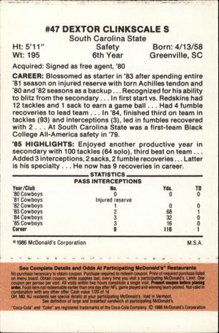 1986 McDonald's Dallas Cowboys - Full Game Pieces - Week 3 Gold/Orange Tab #NNO Dextor Clinkscale Back