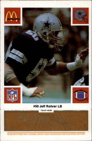 1986 McDonald's Dallas Cowboys - Full Game Pieces - Week 3 Gold/Orange Tab #NNO Jeff Rohrer Front