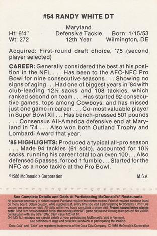 1986 McDonald's Dallas Cowboys - Full Game Pieces - Week 3 Gold/Orange Tab #NNO Randy White Back