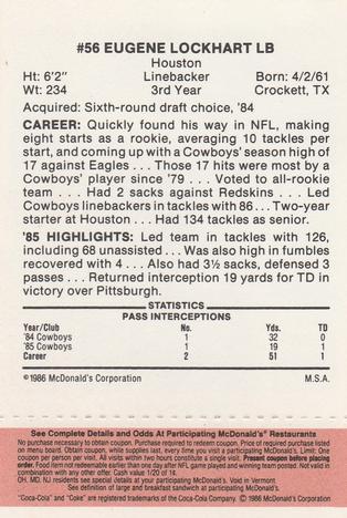 1986 McDonald's Dallas Cowboys - Full Game Pieces - Week 3 Gold/Orange Tab #NNO Eugene Lockhart Back