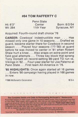 1986 McDonald's Dallas Cowboys - Full Game Pieces - Week 3 Gold/Orange Tab #NNO Tom Rafferty Back