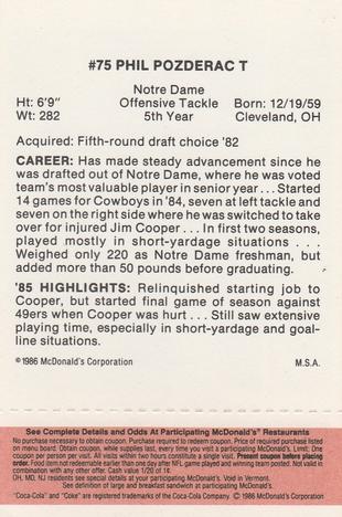 1986 McDonald's Dallas Cowboys - Full Game Pieces - Week 3 Gold/Orange Tab #NNO Phil Pozderac Back