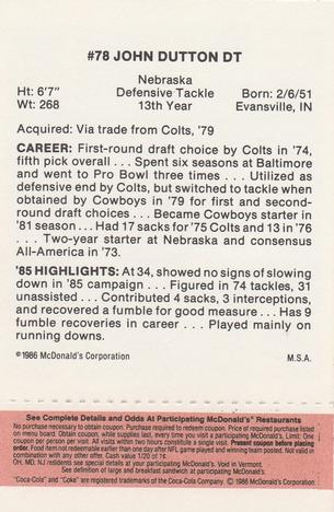 1986 McDonald's Dallas Cowboys - Full Game Pieces - Week 3 Gold/Orange Tab #NNO John Dutton Back