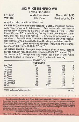 1986 McDonald's Dallas Cowboys - Full Game Pieces - Week 3 Gold/Orange Tab #NNO Mike Renfro Back