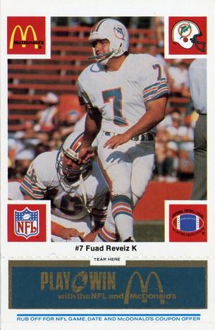 1986 McDonald's Miami Dolphins - Full Game Pieces - Week 1 Blue Tab #NNO Fuad Reveiz Front