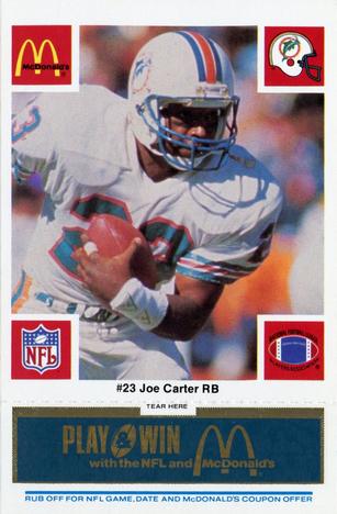 1986 McDonald's Miami Dolphins - Full Game Pieces - Week 1 Blue Tab #NNO Joe Carter Front