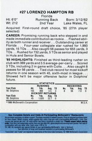 1986 McDonald's Miami Dolphins - Full Game Pieces - Week 1 Blue Tab #NNO Lorenzo Hampton Back