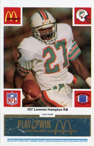 1986 McDonald's Miami Dolphins - Full Game Pieces - Week 1 Blue Tab #NNO Lorenzo Hampton Front