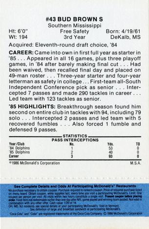 1986 McDonald's Miami Dolphins - Full Game Pieces - Week 1 Blue Tab #NNO Bud Brown Back
