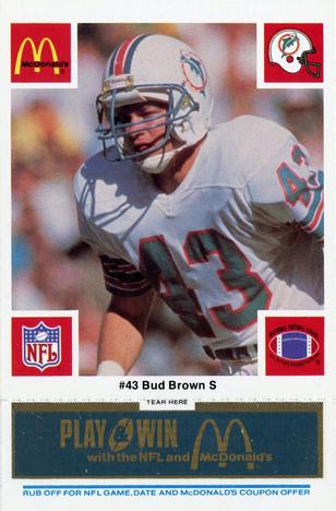 1986 McDonald's Miami Dolphins - Full Game Pieces - Week 1 Blue Tab #NNO Bud Brown Front