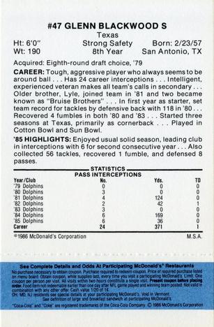 1986 McDonald's Miami Dolphins - Full Game Pieces - Week 1 Blue Tab #NNO Glenn Blackwood Back