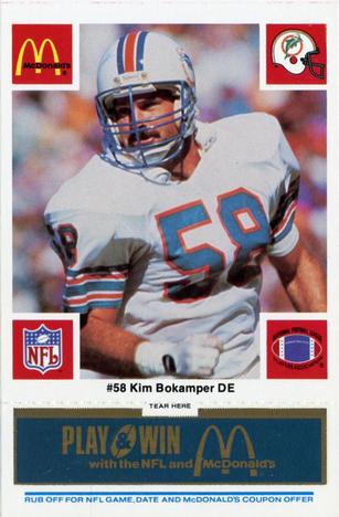 1986 McDonald's Miami Dolphins - Full Game Pieces - Week 1 Blue Tab #NNO Kim Bokamper Front