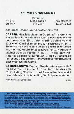 1986 McDonald's Miami Dolphins - Full Game Pieces - Week 1 Blue Tab #NNO Mike Charles Back