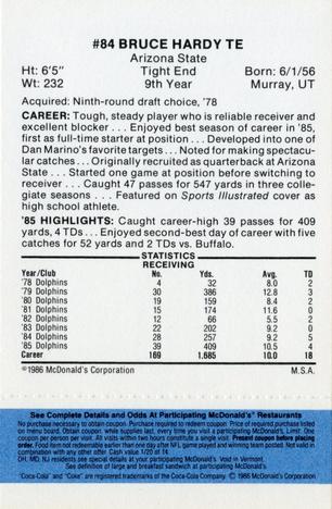 1986 McDonald's Miami Dolphins - Full Game Pieces - Week 1 Blue Tab #NNO Bruce Hardy Back