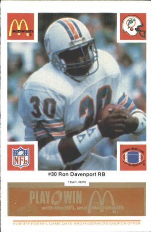 1986 McDonald's Miami Dolphins - Full Game Pieces - Week 3 Gold/Orange Tab #NNO Ron Davenport Front