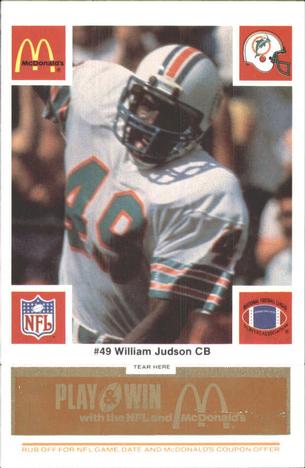 1986 McDonald's Miami Dolphins - Full Game Pieces - Week 3 Gold/Orange Tab #NNO William Judson Front