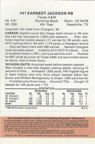 1986 McDonald's Philadelphia Eagles - Full Game Pieces - Week 3 Gold/Orange Tab #NNO Earnest Jackson Back