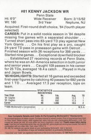 1986 McDonald's Philadelphia Eagles - Full Game Pieces - Week 3 Gold/Orange Tab #NNO Kenny Jackson Back