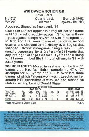 1986 McDonald's Atlanta Falcons - Full Game Pieces: Week 1 Blue Tab #NNO Dave Archer Back