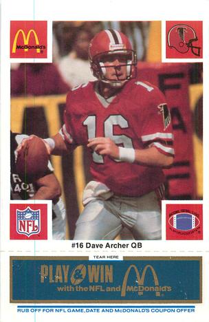 1986 McDonald's Atlanta Falcons - Full Game Pieces: Week 1 Blue Tab #NNO Dave Archer Front