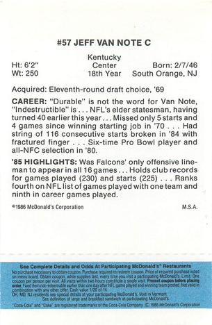 1986 McDonald's Atlanta Falcons - Full Game Pieces: Week 1 Blue Tab #NNO Jeff Van Note Back