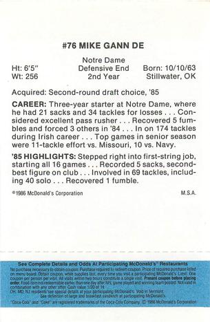 1986 McDonald's Atlanta Falcons - Full Game Pieces: Week 1 Blue Tab #NNO Mike Gann Back