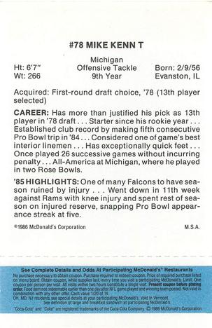 1986 McDonald's Atlanta Falcons - Full Game Pieces: Week 1 Blue Tab #NNO Mike Kenn Back