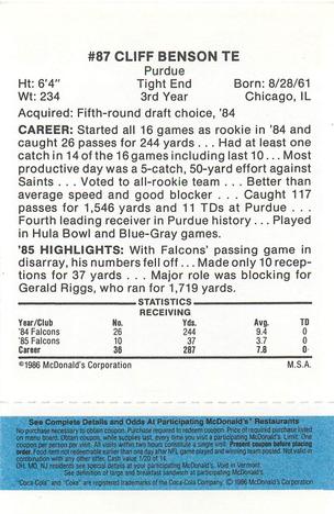 1986 McDonald's Atlanta Falcons - Full Game Pieces: Week 1 Blue Tab #NNO Cliff Benson Back