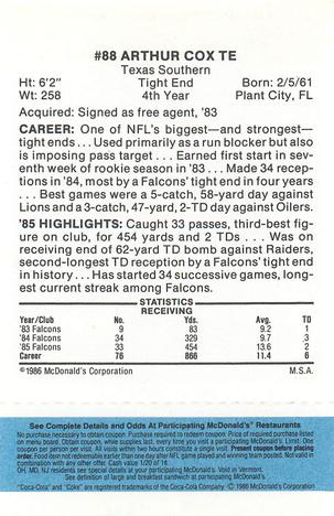 1986 McDonald's Atlanta Falcons - Full Game Pieces: Week 1 Blue Tab #NNO Arthur Cox Back