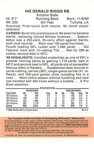1986 McDonald's Atlanta Falcons - Full Game Pieces: Week 3 Gold/Orange Tab #NNO Gerald Riggs Back