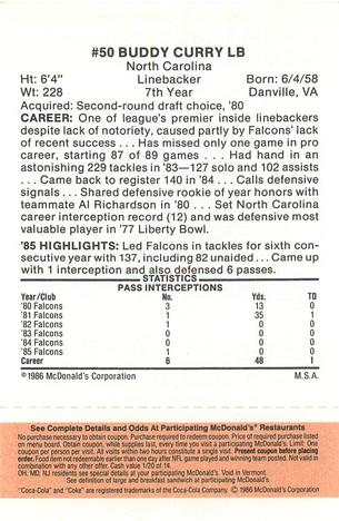 1986 McDonald's Atlanta Falcons - Full Game Pieces: Week 3 Gold/Orange Tab #NNO Buddy Curry Back