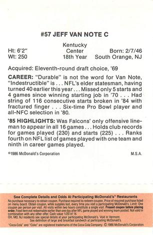1986 McDonald's Atlanta Falcons - Full Game Pieces: Week 3 Gold/Orange Tab #NNO Jeff Van Note Back