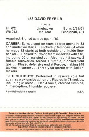 1986 McDonald's Atlanta Falcons - Full Game Pieces: Week 3 Gold/Orange Tab #NNO David Frye Back