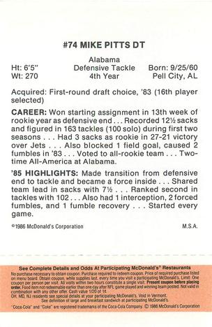 1986 McDonald's Atlanta Falcons - Full Game Pieces: Week 3 Gold/Orange Tab #NNO Mike Pitts Back