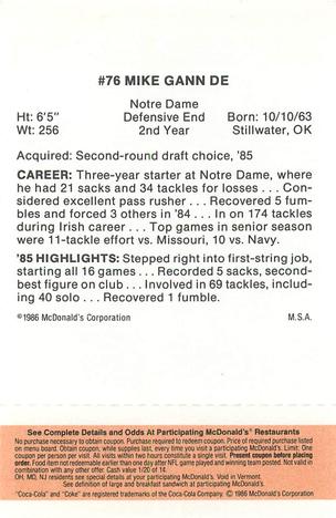 1986 McDonald's Atlanta Falcons - Full Game Pieces: Week 3 Gold/Orange Tab #NNO Mike Gann Back