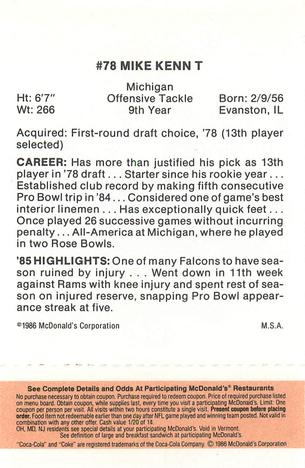 1986 McDonald's Atlanta Falcons - Full Game Pieces: Week 3 Gold/Orange Tab #NNO Mike Kenn Back