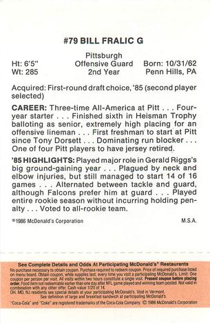1986 McDonald's Atlanta Falcons - Full Game Pieces: Week 3 Gold/Orange Tab #NNO Bill Fralic Back