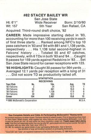 1986 McDonald's Atlanta Falcons - Full Game Pieces: Week 3 Gold/Orange Tab #NNO Stacey Bailey Back