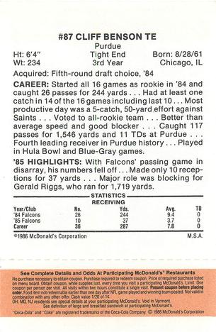 1986 McDonald's Atlanta Falcons - Full Game Pieces: Week 3 Gold/Orange Tab #NNO Cliff Benson Back